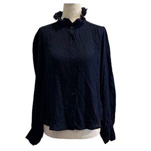 BANANA REPUBLIC WOMENS BUTTON DOWN RUFFLED BLOUSE NAVY BLUE SIZE XSMALL